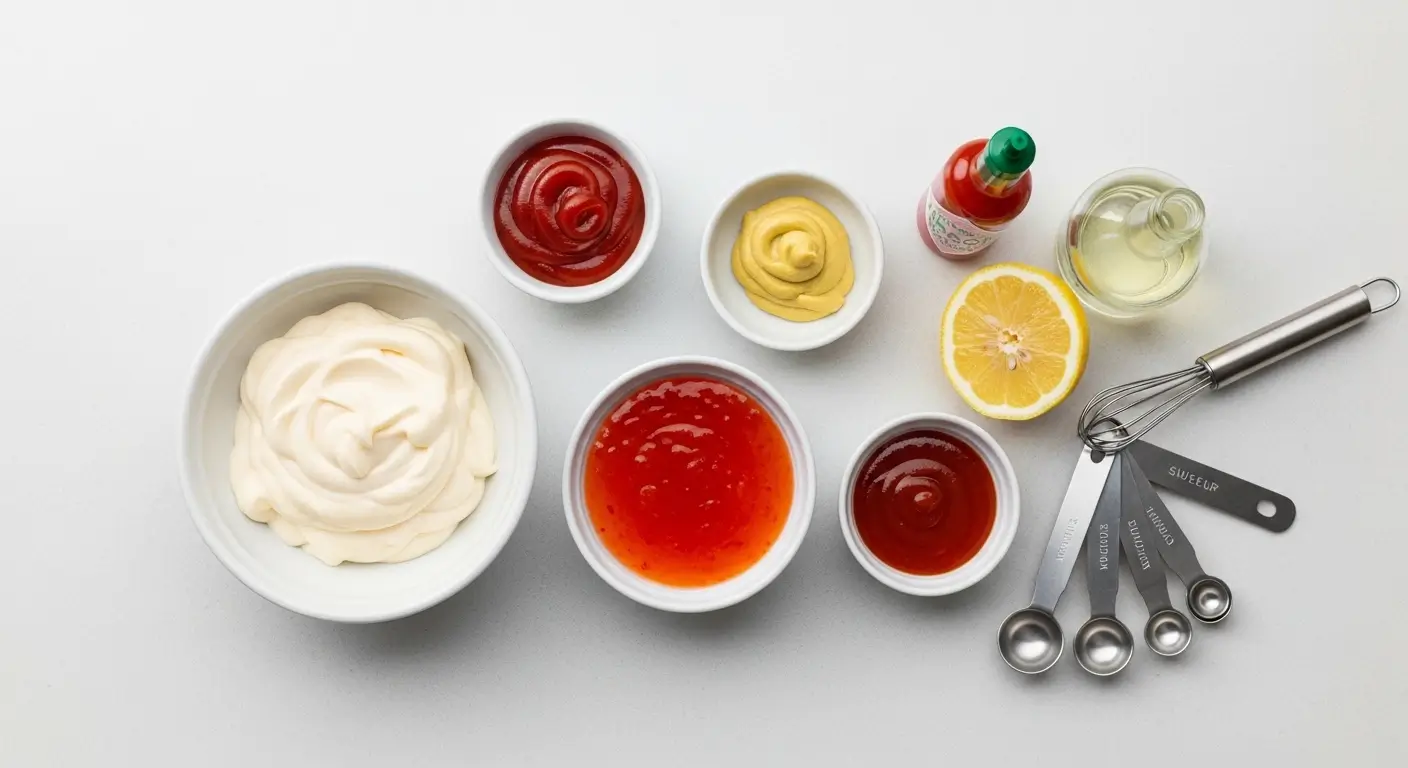 Vibrant homemade sauce ingredients including creamy mayonnaise, hot sauce, and mustard in white bowls on a minimalist surface, paired with a fresh lemon and polished stainless steel utensils under soft, diffused light.