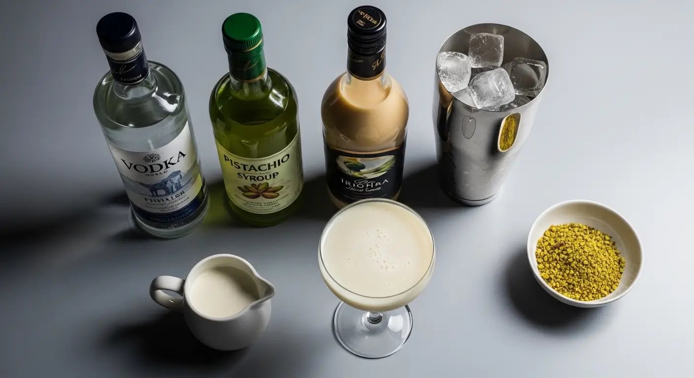 Premium pistachio martini ingredients, including vodka, vibrant green syrup, and cream liqueur, are arranged on a sleek grey surface. A frothy cocktail in a coupe glass sits prominently near a stainless steel shaker filled with ice and a bowl of crushed pistachios.