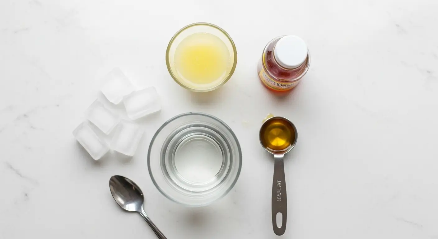 Fresh ingredients for a healthy honey lemon water drink, including a glass of water, pale yellow lemon juice, and golden honey in a stainless steel spoon, arranged on a white marble surface with translucent ice cubes under bright, even lighting.