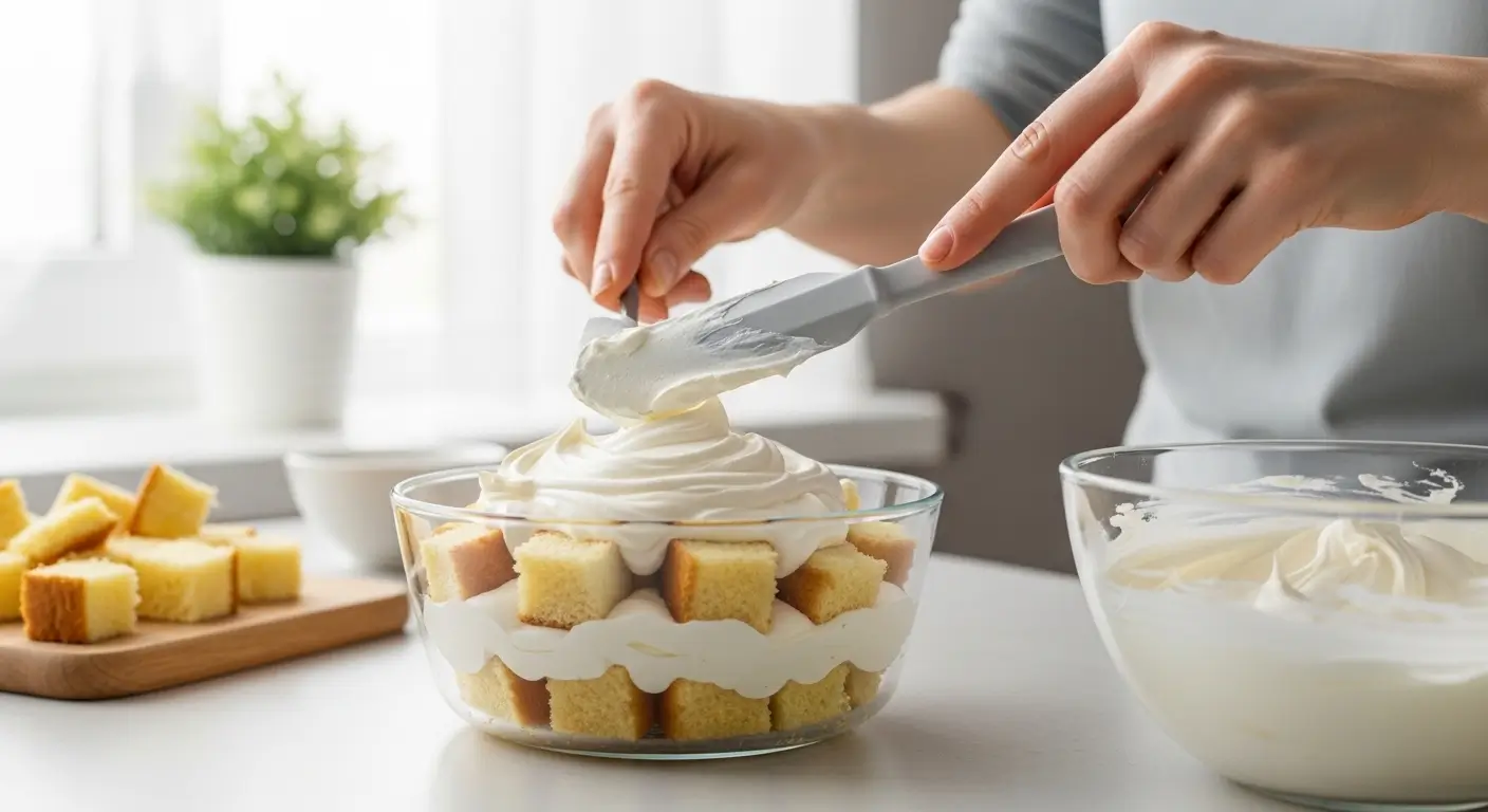 A baker spreads thick whipped cream over golden sponge cake cubes in a glass bowl. This homemade trifle assembly occurs in a bright, sunlit kitchen, showcasing the airy textures and rich, velvety layers of the dessert.