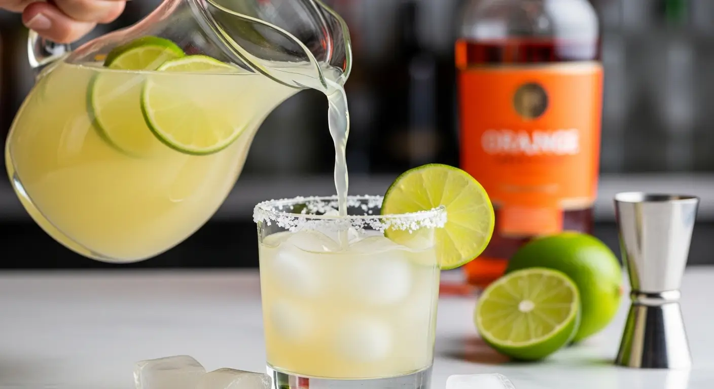 Refreshing lime margarita pouring from a glass pitcher into a salt-rimmed rocks glass over ice, surrounded by fresh citrus garnishes, a stainless steel jigger, and orange liqueur under bright, clean lighting.