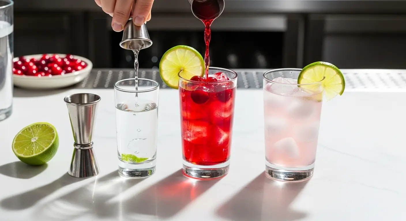 A bartender pours spirits from jiggers to craft a refreshing vodka cranberry cocktail on a white marble counter. Vibrant red and pink drinks are garnished with fresh lime wheels under bright lighting that casts sharp, dramatic shadows.