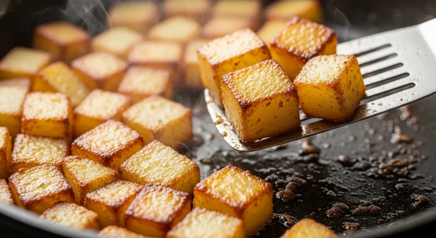 Sizzling, golden brown crispy breakfast potatoes being lifted by a metal spatula in a dark cast iron skillet. The perfectly cubed potatoes feature a crunchy, seared texture with soft steam rising under warm, bright lighting.