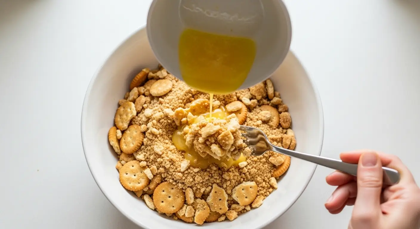 Melted golden butter pours into a white bowl of crushed crackers and whole biscuits. A hand mixes the crumbly ingredients with a silver fork under bright light to prepare a savory buttery cracker crust on a clean surface.