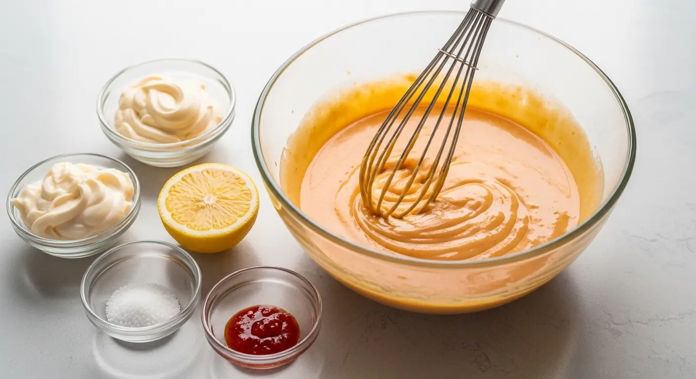 A stainless steel whisk stirs smooth, orange homemade fry sauce in a clear glass bowl. Nearby, creamy mayonnaise, tangy ketchup, salt, and a fresh lemon half rest on a white countertop under bright, diffused natural light.