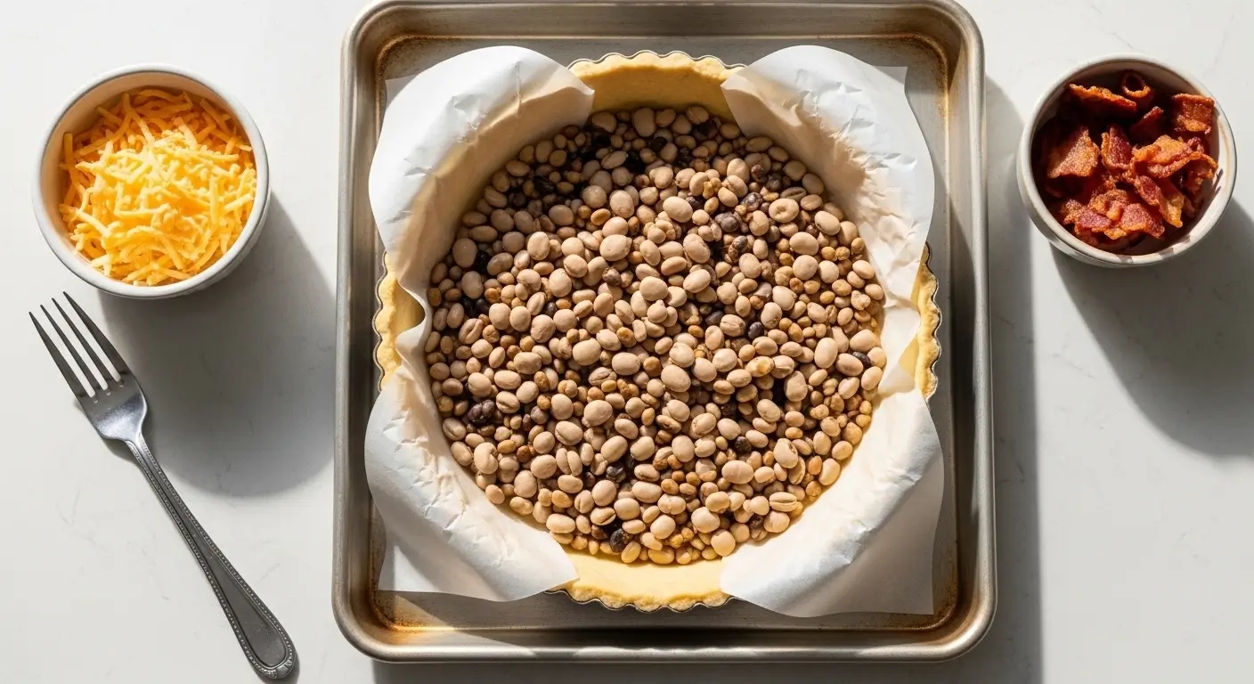 Blind baking a fluted tart crust filled with dried bean pie weights on a metallic tray, flanked by bowls of shredded cheddar and crispy bacon. Bright light illuminates the textures of the flaky pastry and savory ingredients.