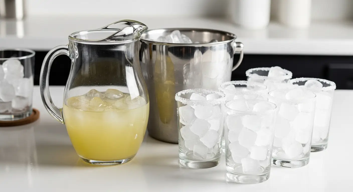 A refreshing margarita pitcher filled with chilled yellow juice and ice cubes sits on a white counter beside a stainless steel ice bucket and several salt-rimmed glasses, all under bright, clean indoor lighting.