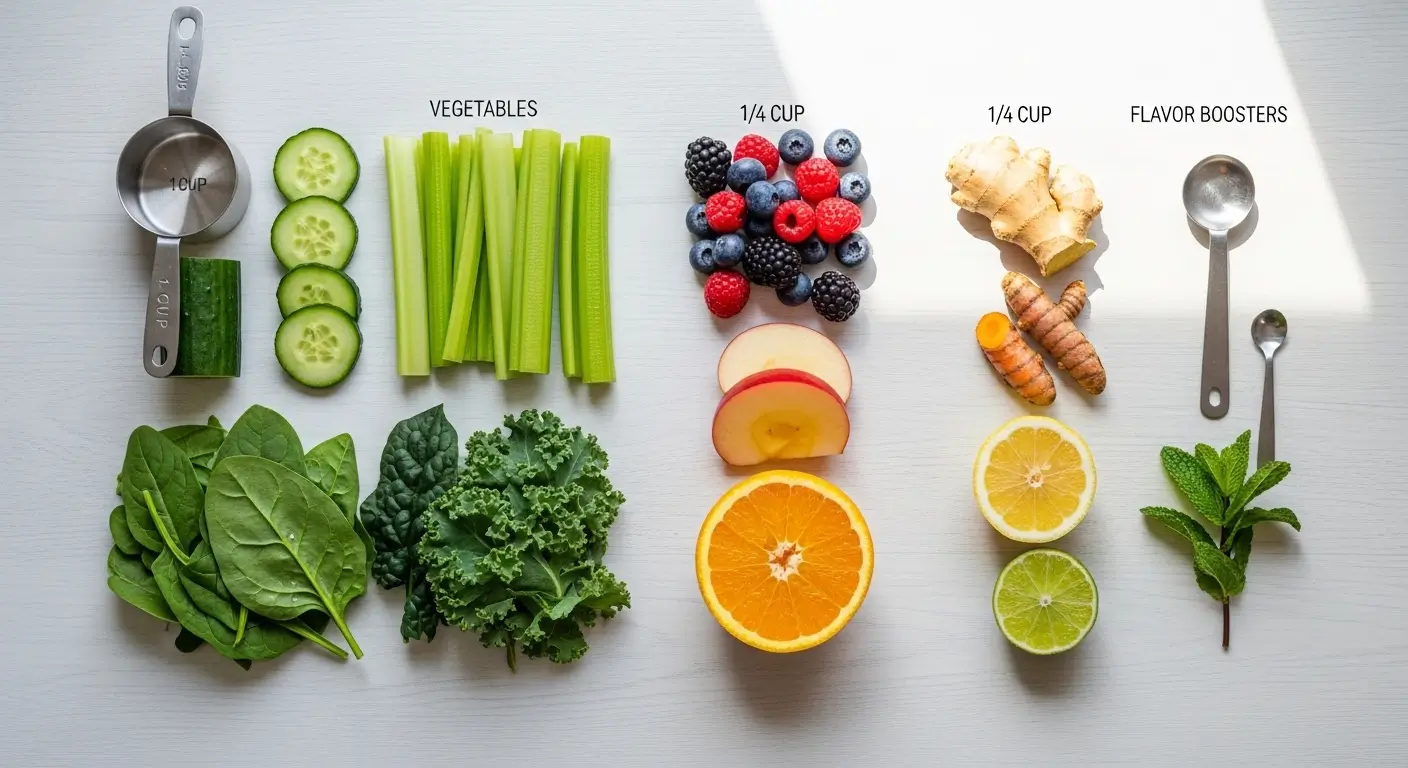 Vibrant healthy smoothie ingredients like crisp kale, berries, and citrus arranged on a white wooden surface in bright natural light. This flat lay features fresh vegetables and ginger, highlighting rich textures and colors for nutritious meal prep.