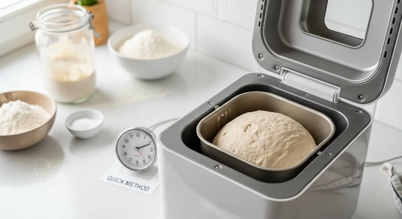 Fresh homemade bread dough rises inside a sleek silver bread maker machine on a bright, minimalist kitchen counter. Soft natural light illuminates bowls of white flour and a kitchen timer, creating a clean, inviting baking atmosphere.