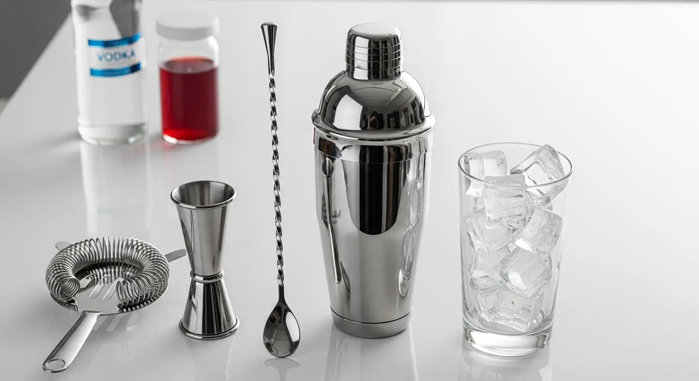 Professional cocktail shaker set featuring polished stainless steel tools, including a jigger and twisted bar spoon, arranged on a bright white surface alongside a glass of ice and vodka under clean, diffused studio lighting.