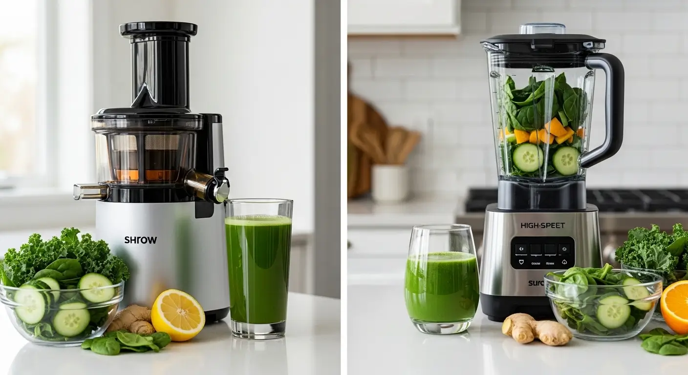 A sleek stainless steel cold press juicer and high-speed blender sit on a white counter with fresh kale and ginger. Vibrant green juice and smoothies glow in soft daylight, highlighting polished metallic textures and crisp produce.