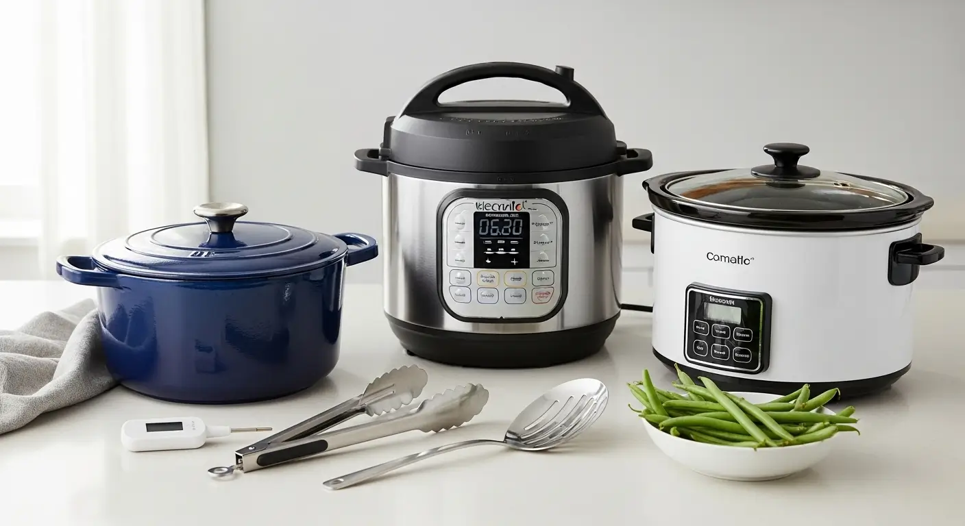A glossy navy blue Dutch oven, stainless steel electric pressure cooker, and white slow cooker rest on a bright countertop. Soft daylight illuminates these kitchen appliances alongside vibrant green beans and polished utensils, creating a clean, modern cooking scene.