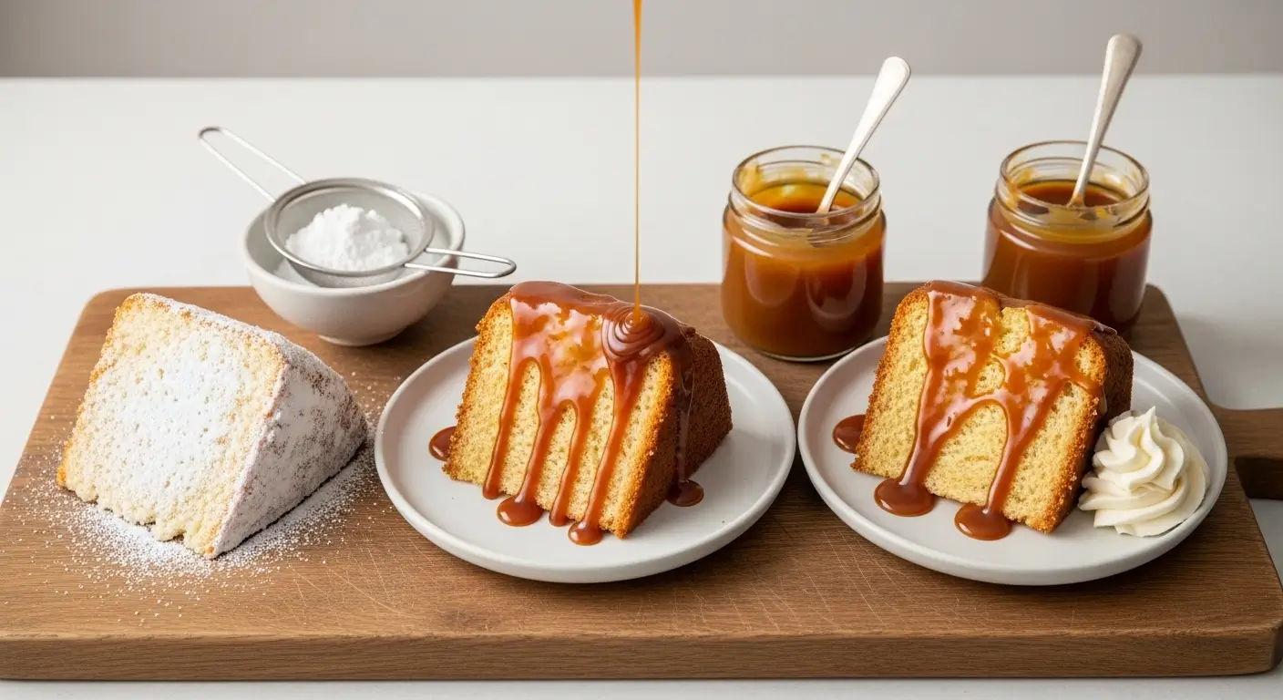Glossy salted caramel sauce drizzles onto a slice of fluffy homemade sponge cake on a wooden board. Bathed in bright light, the golden dessert is paired with jars of amber sauce and a light dusting of powdered sugar.