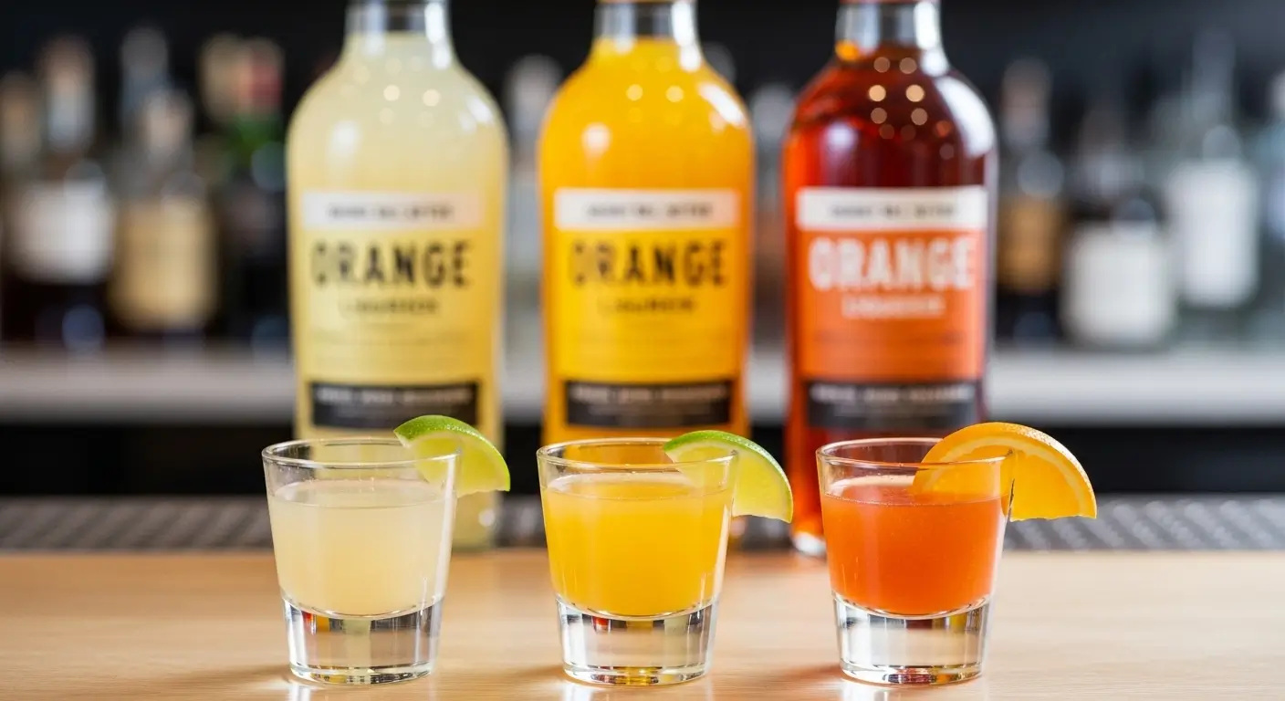 Three vibrant citrus cocktails featuring premium orange liqueur are lined up on a light wooden bar, each garnished with fresh lime or orange slices. The scene is illuminated by bright, clean lighting, highlighting the smooth glass textures and the rich, colorful hues of the spirits.