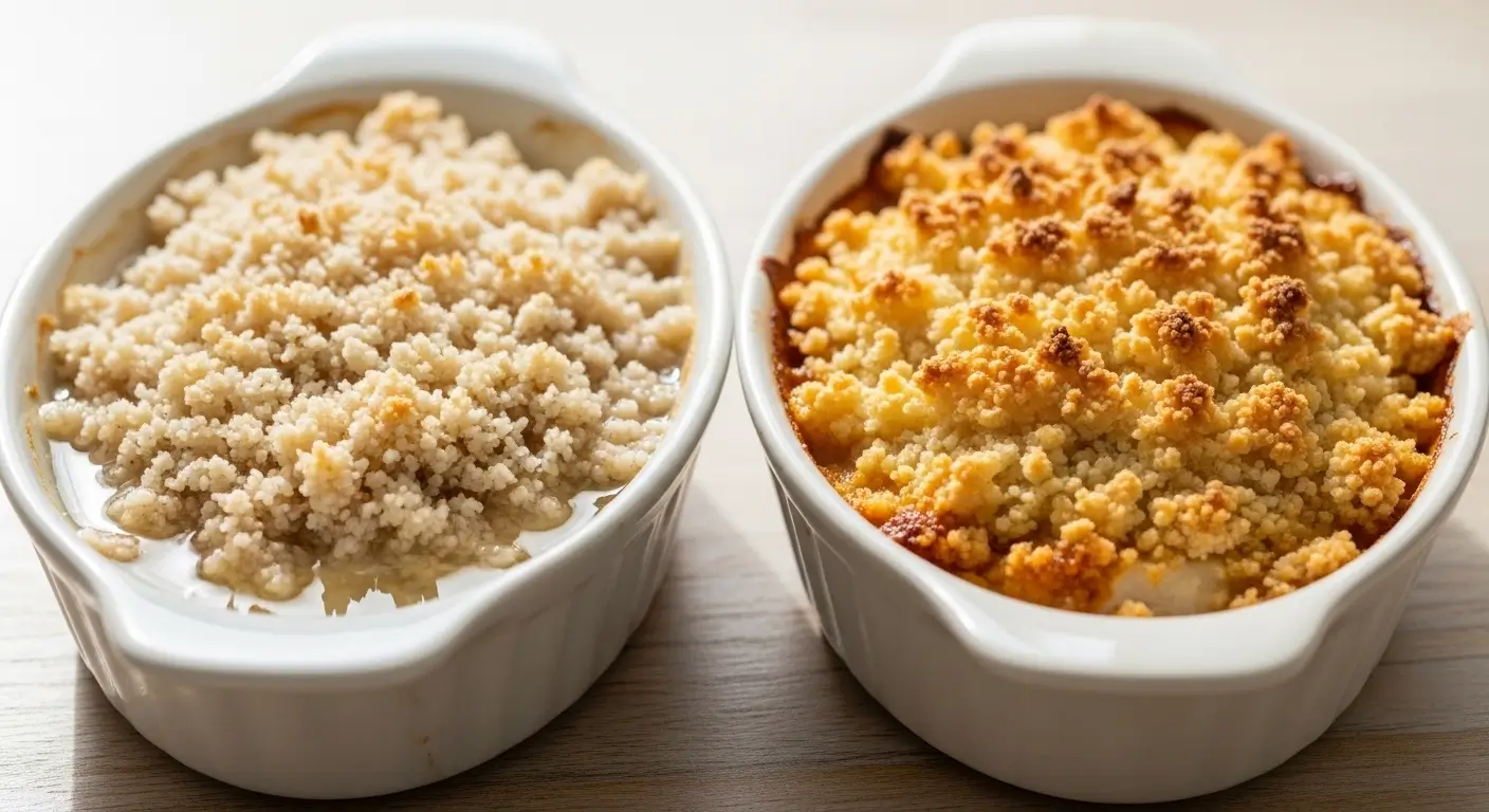 Two white ceramic ramekins hold homemade fruit crumble on a wooden table. The left dish shows a pale, unbaked texture, while the right features a crisp, golden brown topping under soft, diffused natural lighting.