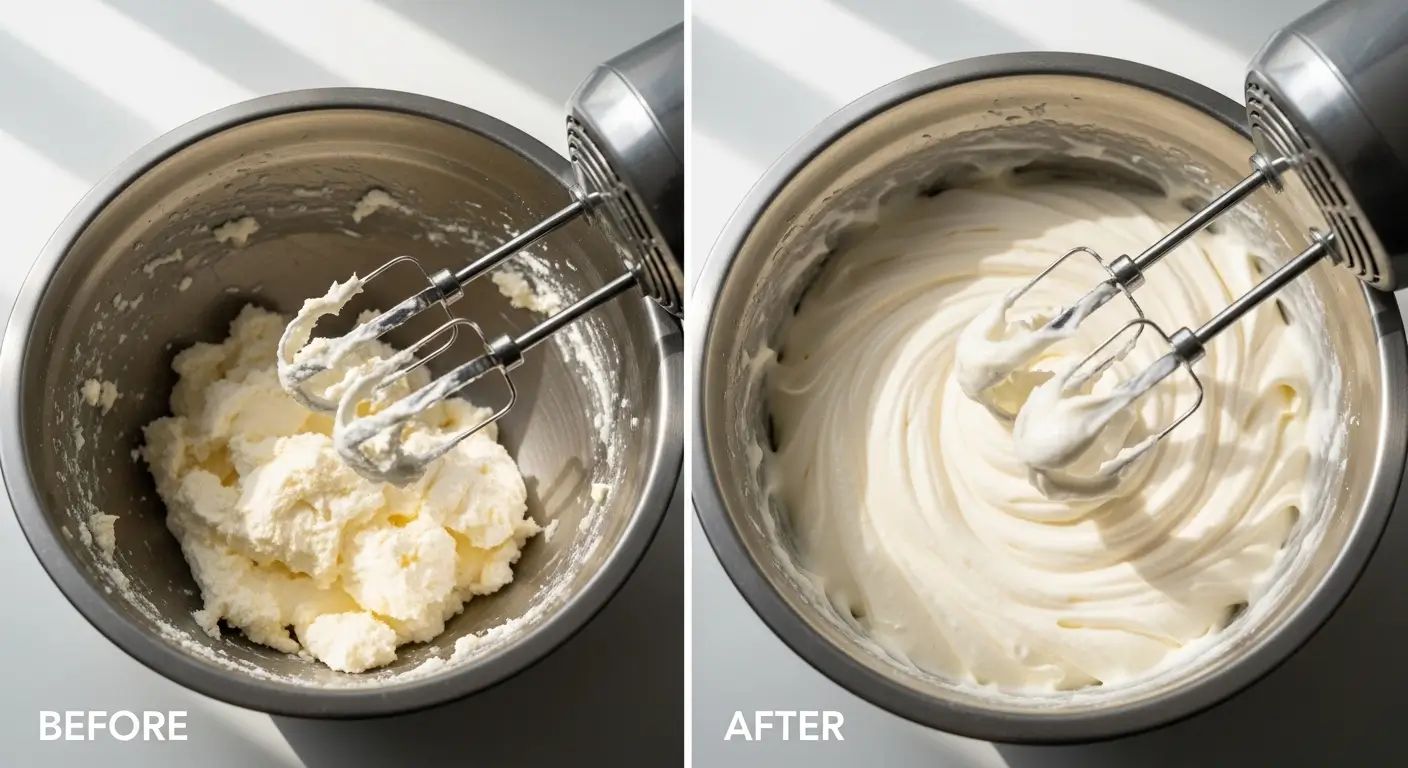 Before and after views show grainy cream transforming into smooth, velvety whipped buttercream frosting. An electric hand mixer rests in a stainless steel bowl under bright light, highlighting the shift to a silky, aerated texture.