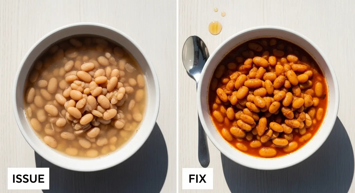 Side-by-side comparison of pale navy beans labeled "ISSUE" and rich homemade baked beans in a savory sauce labeled "FIX." Both white ceramic bowls sit on a sunlit table alongside a silver spoon and golden honey droplets.