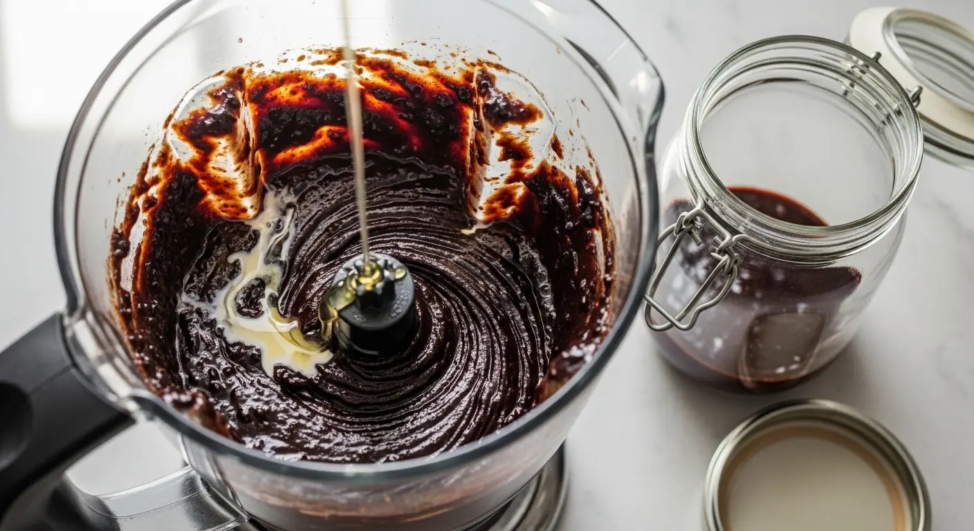 Golden honey drizzling into thick, glossy homemade chocolate hazelnut spread inside a clear food processor. The rich, swirled mixture sits on a bright marble surface next to a glass jar under soft, natural lighting.