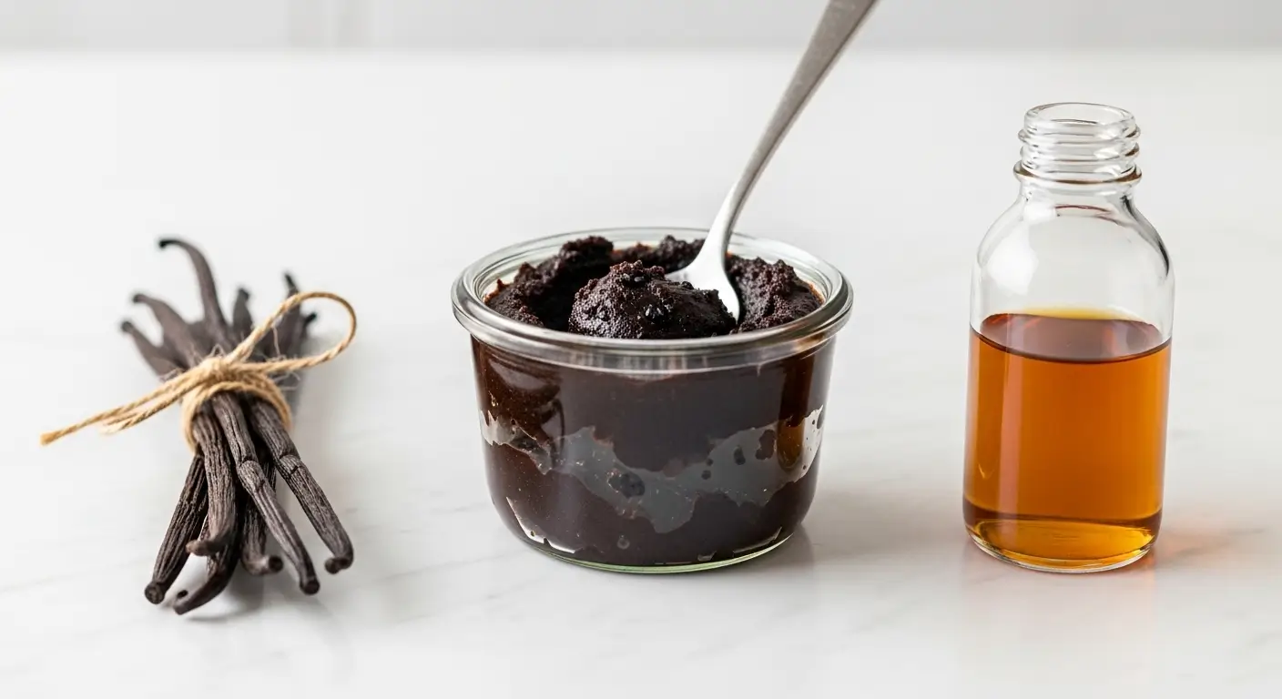 Rich, grainy vanilla bean paste in a glass jar sits beside a bundle of whole vanilla beans and a bottle of amber vanilla extract on a white marble countertop, illuminated by bright, diffused lighting.