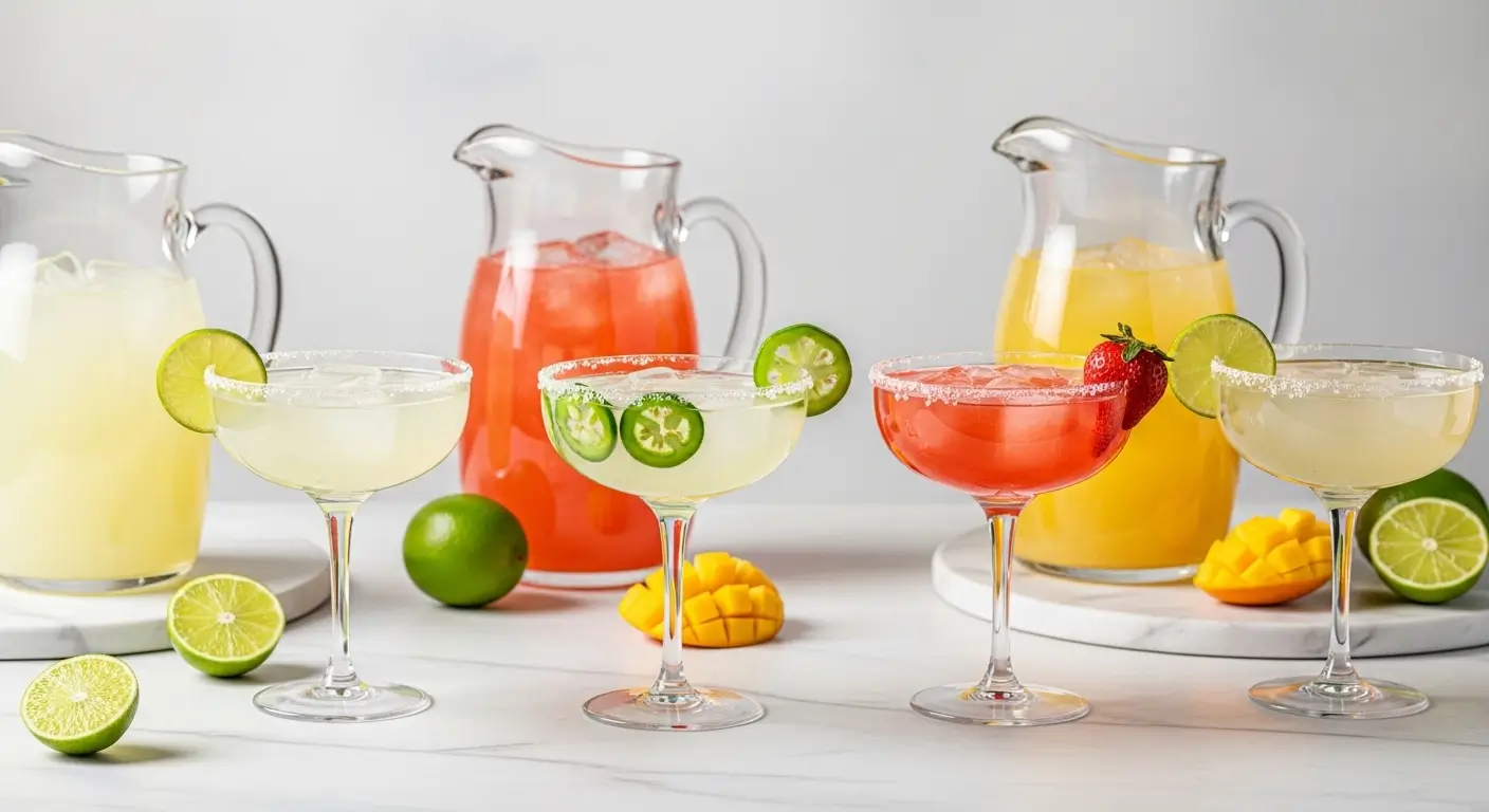 Four vibrant margarita cocktails in salt-rimmed glasses sit on a white marble surface, accompanied by glass pitchers of juice. Garnished with fresh lime, strawberry, and jalapeño, these colorful drinks are presented under bright, soft lighting against a clean, neutral background.