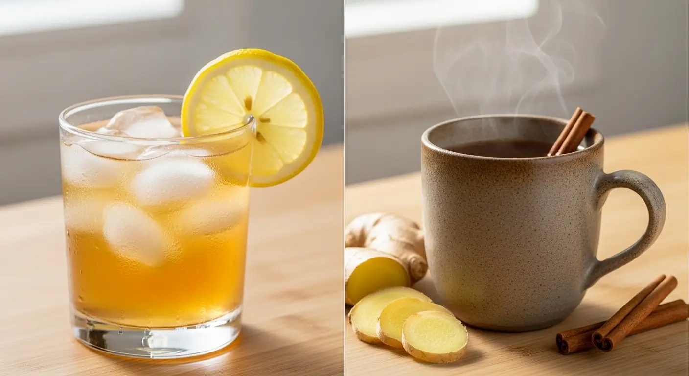 A refreshing iced tea with a lemon garnish beside a steaming hot ginger tea in a speckled ceramic mug. Set on a light wood surface, the scene features fresh ginger slices and cinnamon sticks under bright, natural light, highlighting contrasting temperatures and textures.