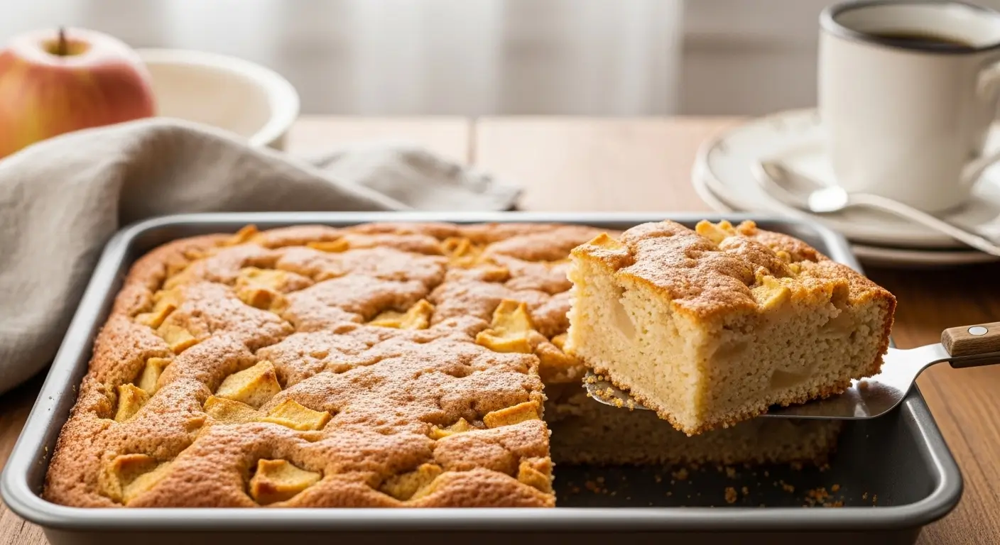 A slice of moist homemade apple cake is lifted from a pan, revealing a golden-brown crust and tender fruit. It rests on a rustic table beside a white coffee mug, bathed in soft, diffused morning light.