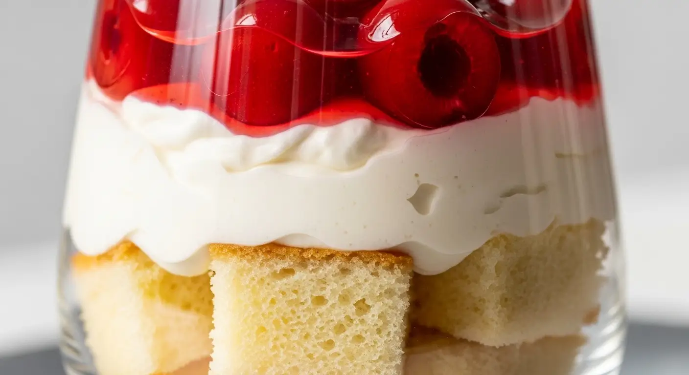 A layered cherry trifle dessert featuring porous golden sponge cake, velvety whipped cream, and glossy ruby-red cherries in a clear glass. Bright, diffused lighting emphasizes the rich textures and vibrant colors of this elegant gourmet treat.