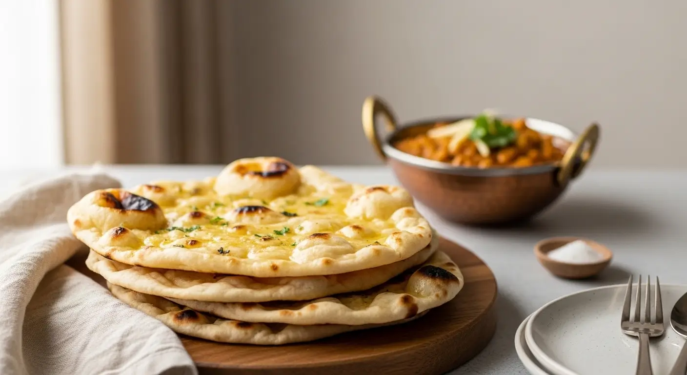 Warm, golden garlic naan bread brushed with melted butter and fresh herbs rests on a rustic wooden board. A copper bowl of rich Indian curry sits in the softly lit background, creating an authentic and inviting dining atmosphere.