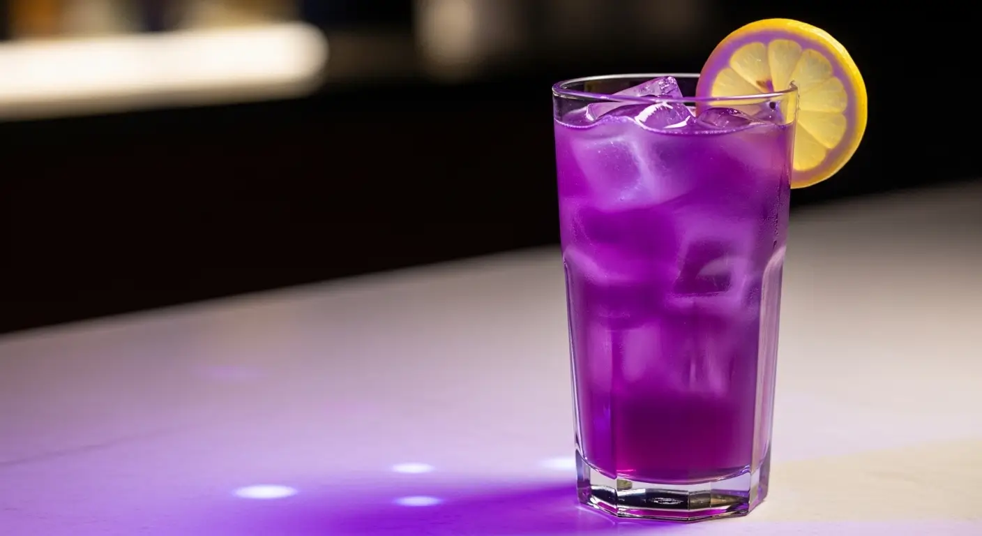 A vibrant purple cocktail filled with clear ice cubes and garnished with a fresh yellow lemon slice, sitting on a sleek bar counter under moody, violet-tinted ambient lighting that highlights the drink's translucent texture and rich color.