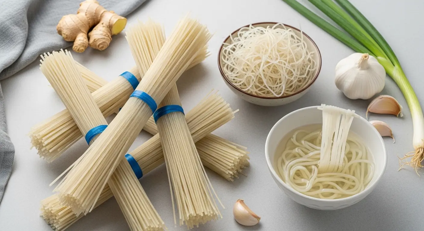 Bundles of authentic rice noodles tied with blue bands rest on a grey surface beside fresh Asian cooking ingredients like ginger and garlic. Bright, diffused light highlights smooth white noodles and earthy, textured aromatics in a clean, minimalist setting.