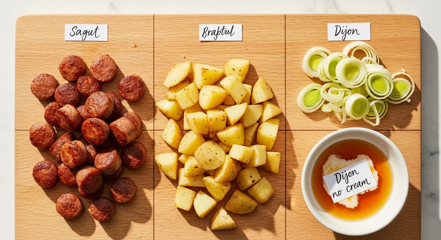 A wooden board displays three ingredients in sections: sliced sausage labeled "Sagut," diced potatoes labeled "Bratful," and sliced leeks labeled "Dijon." A small bowl of sauce with a note "Dijon no cream" accompanies them. Bright, fresh, and inviting.
