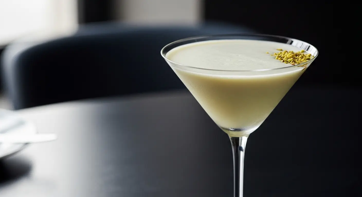 A smooth, creamy pistachio martini served in a sleek martini glass, topped with a delicate sprinkle of crushed green pistachios. The drink sits on a dark, minimalist table under soft, diffused natural lighting in a sophisticated lounge setting.