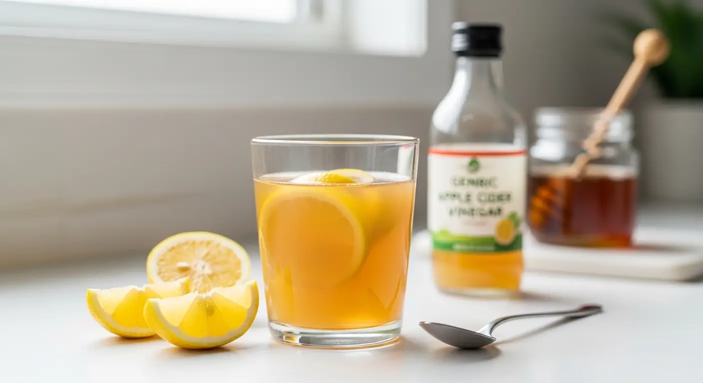 A glass of refreshing apple cider vinegar drink with floating lemon slices sits on a bright white countertop alongside fresh lemon wedges, a bottle of vinegar, and a jar of honey under soft, natural daylight.