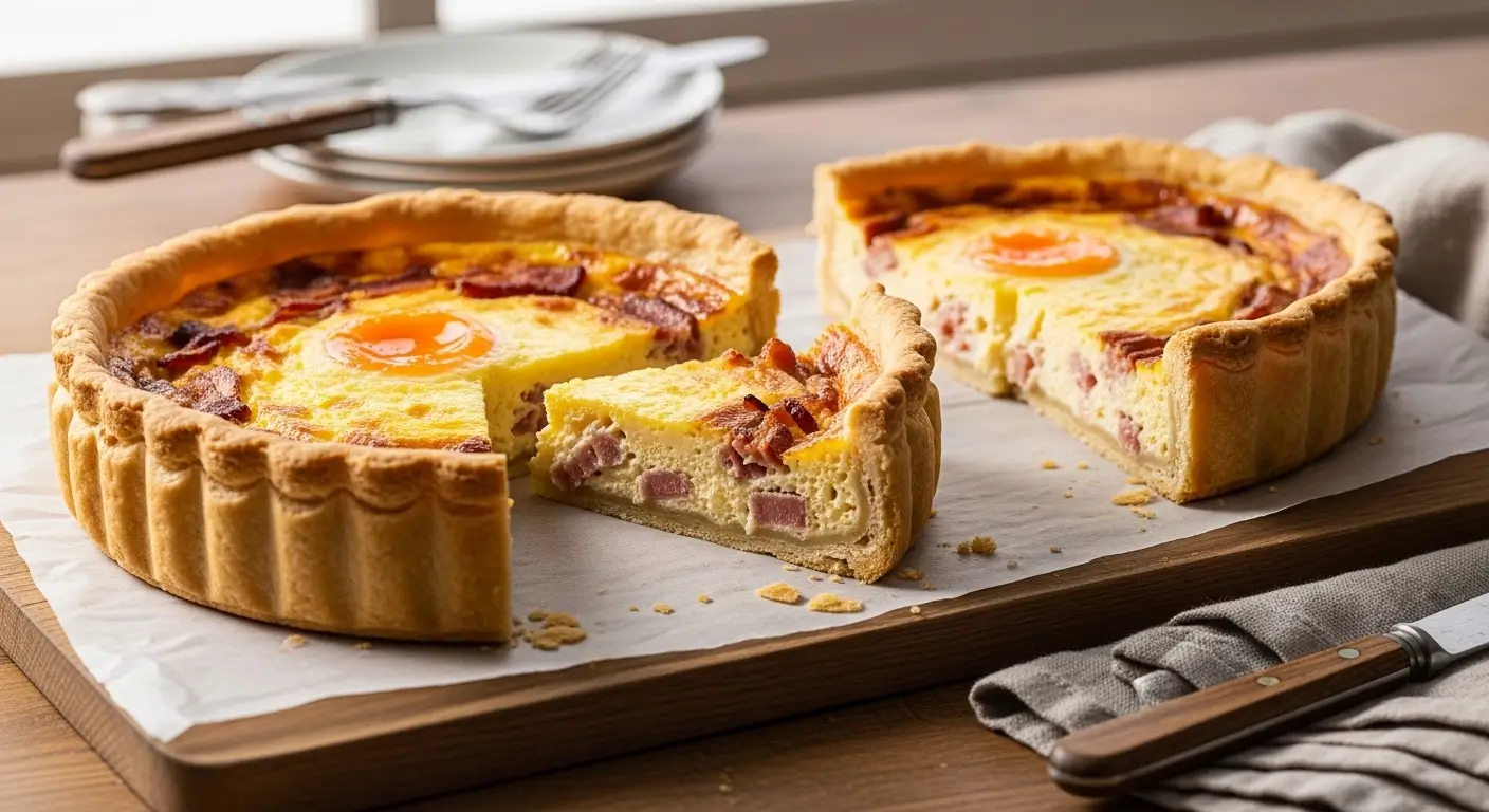Golden homemade quiche lorraine with a buttery, flaky pastry crust and savory ham, topped with a vibrant orange egg yolk. It rests on parchment in soft morning light, surrounded by rustic table linens and plates.