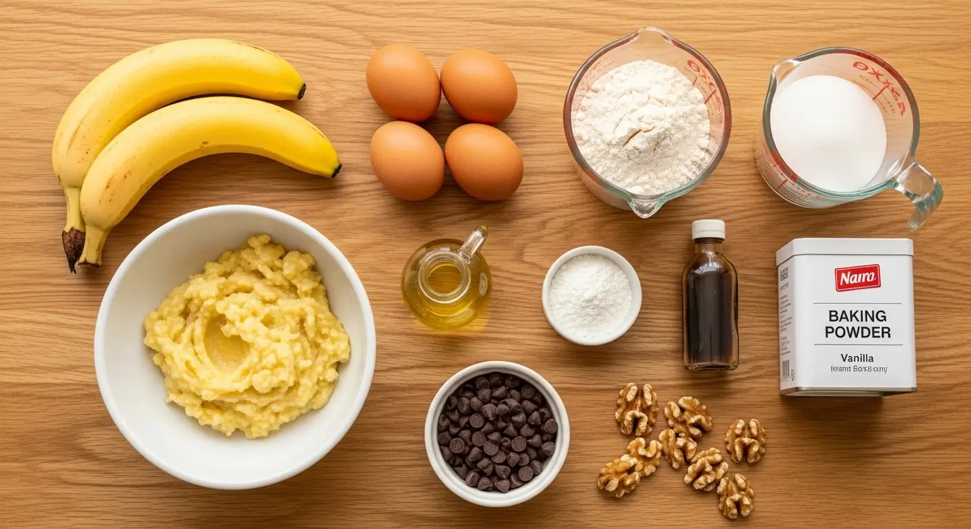 Fresh banana bread ingredients including ripe bananas, brown eggs, and dark chocolate chips are arranged on light wood. Bright, even lighting highlights textures of crunchy walnuts and smooth mashed fruit, creating an inviting scene for homemade baking.