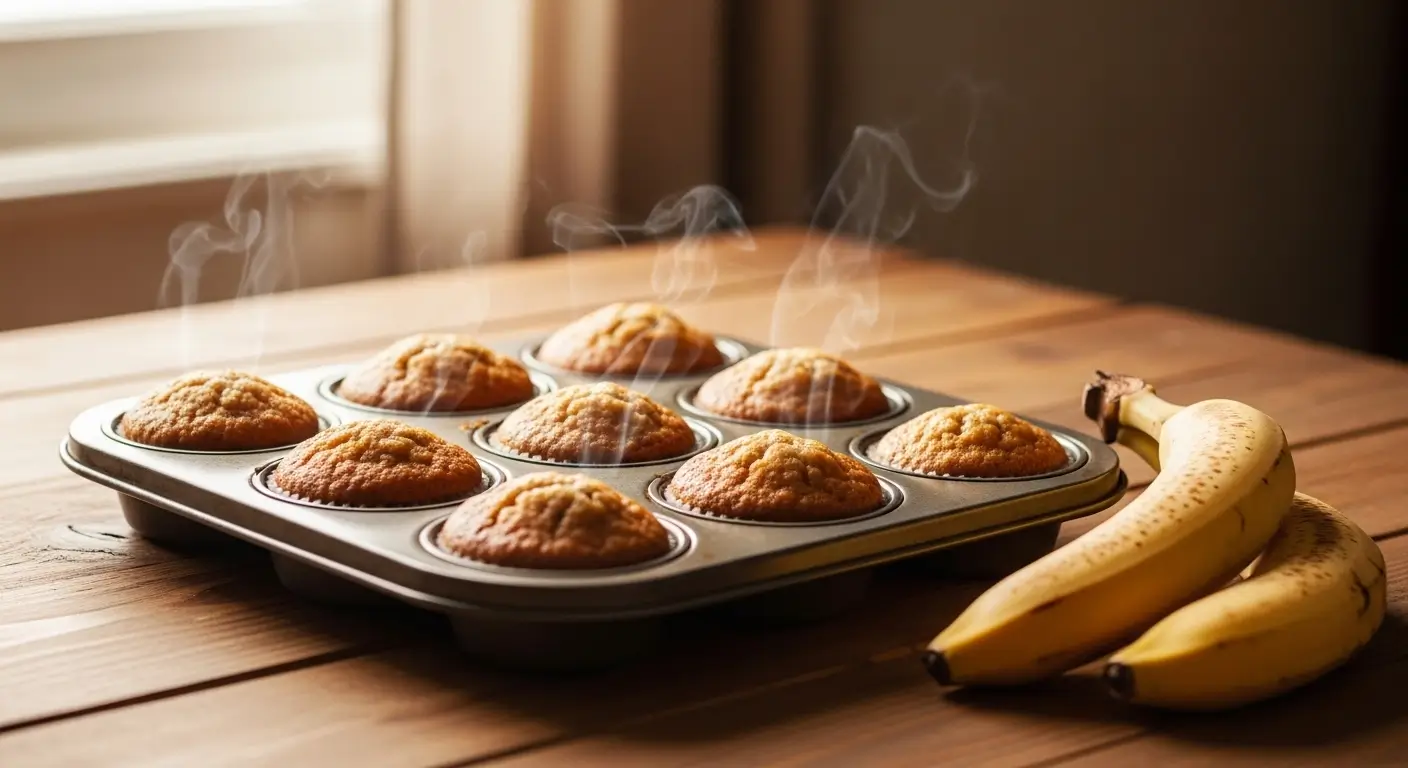 Steaming freshly baked banana muffins sit in a metal tin on a rustic wooden table beside two ripe yellow bananas. Soft, warm window light illuminates the golden-brown, textured tops and delicate wisps of steam in a cozy kitchen setting.