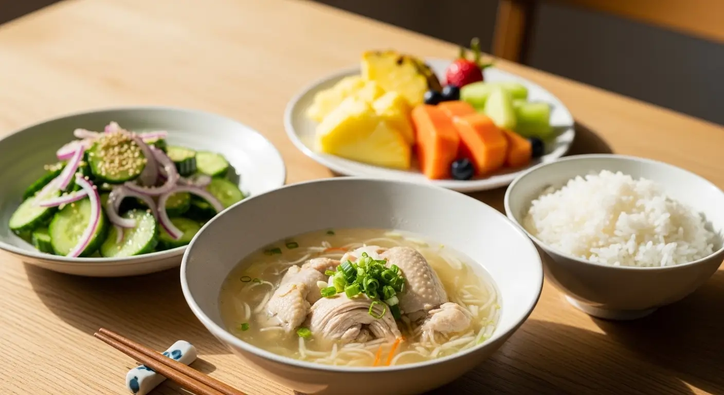 A healthy Asian meal featuring tender chicken noodle soup topped with scallions, served with crisp cucumber salad, fluffy rice, and a vibrant fruit platter on a sun-drenched wooden table with soft, natural shadows.