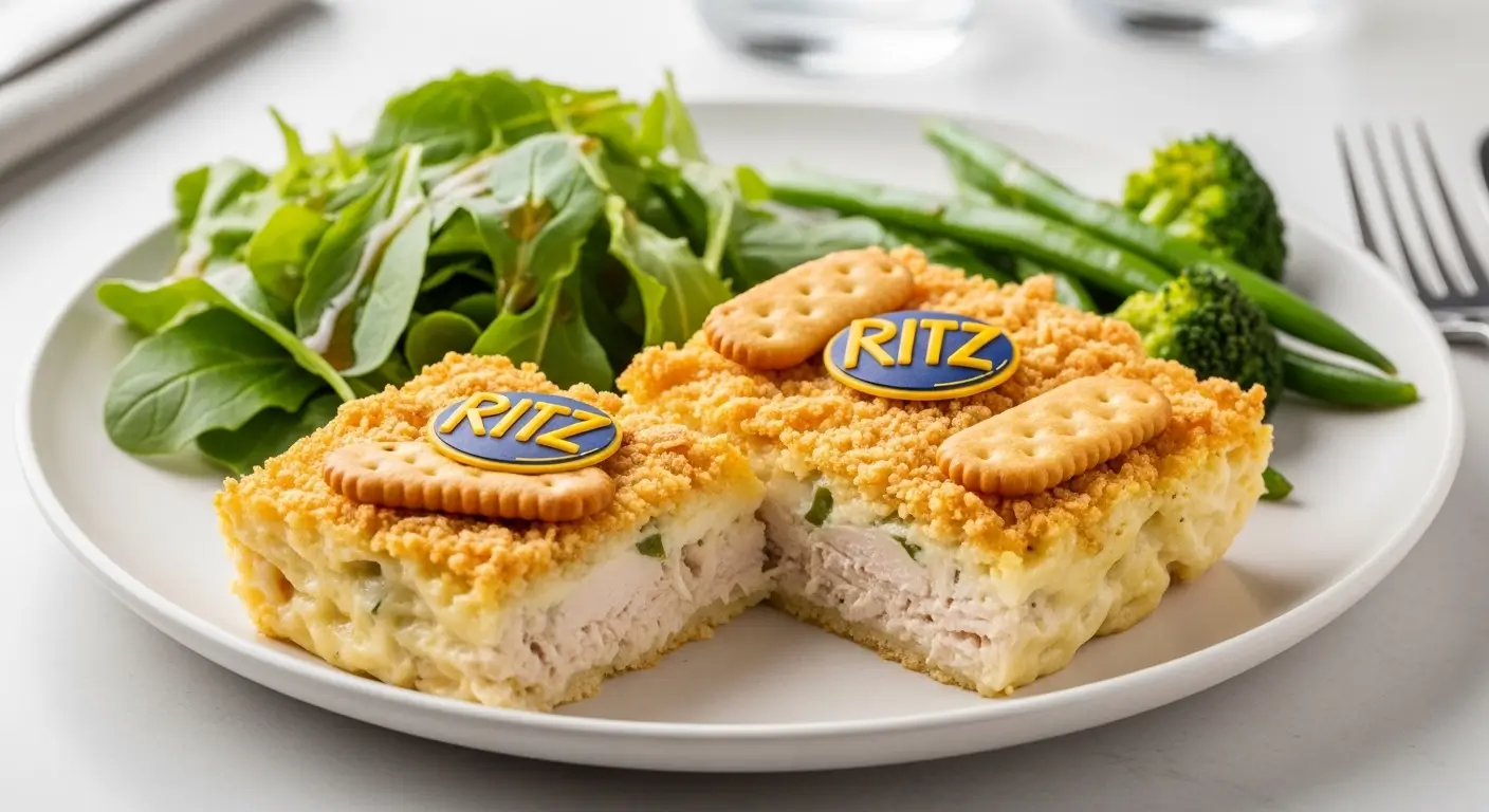 Slices of creamy Ritz cracker chicken casserole topped with a golden-brown buttery crumble and whole crackers, served on a white plate alongside a vibrant green salad and steamed broccoli under bright, airy lighting.