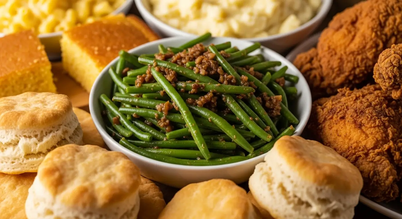 Vibrant green beans topped with savory bacon bits anchor this Southern comfort food feast, surrounded by crispy golden fried chicken, fluffy buttermilk biscuits, and buttery cornbread under warm, inviting lighting.