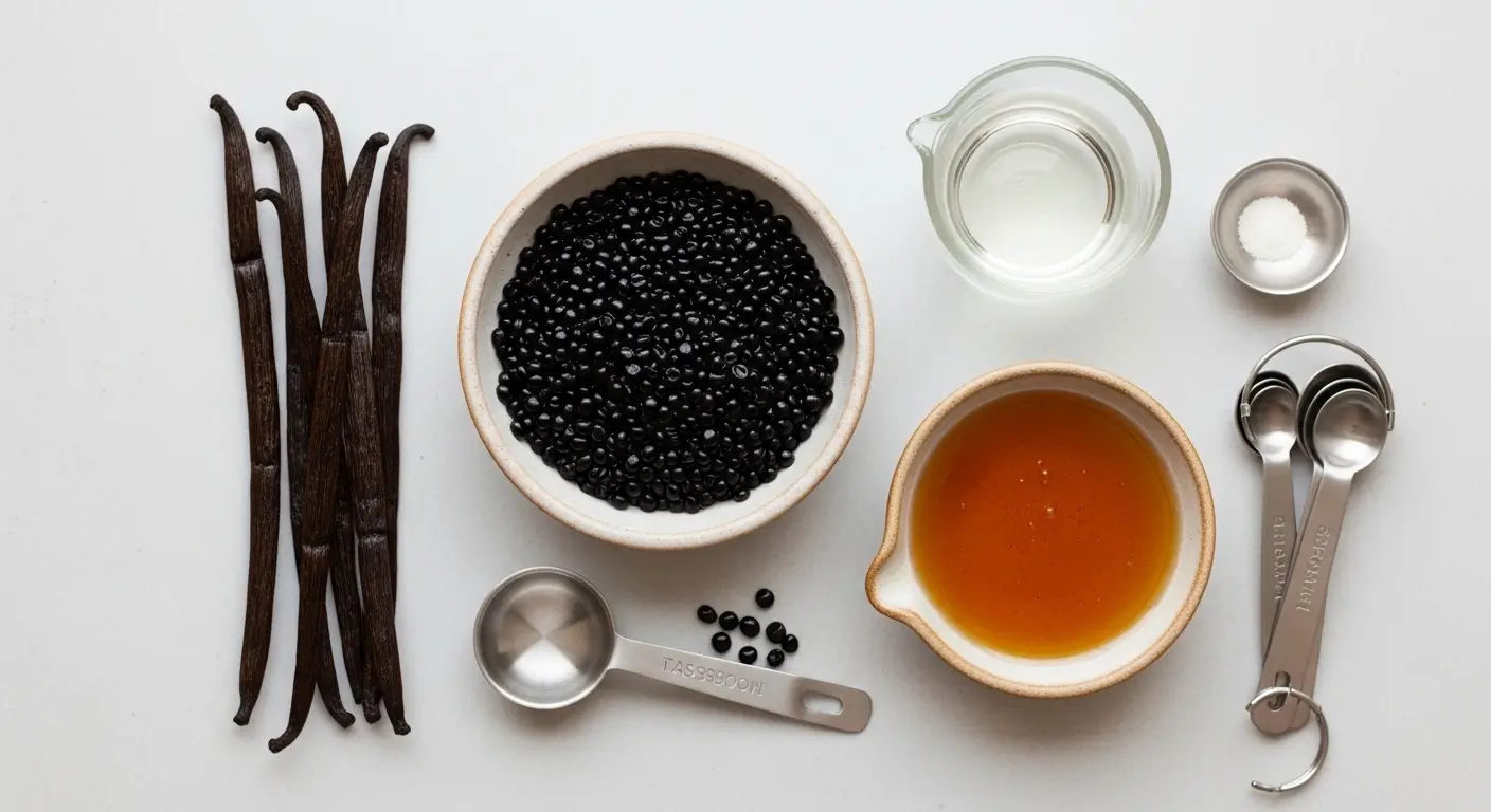 Gourmet baking ingredients including textured whole vanilla beans and a bowl of glossy black seeds are arranged with golden honey and silver measuring spoons on a bright white surface under soft, diffused light.