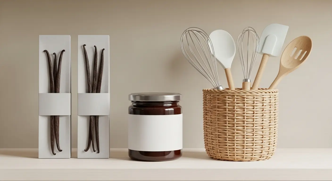 Premium vanilla beans in white packaging stand beside a glass jar and a wicker basket of kitchen utensils on a clean shelf, illuminated by soft, diffused light in a minimalist gourmet baking scene.