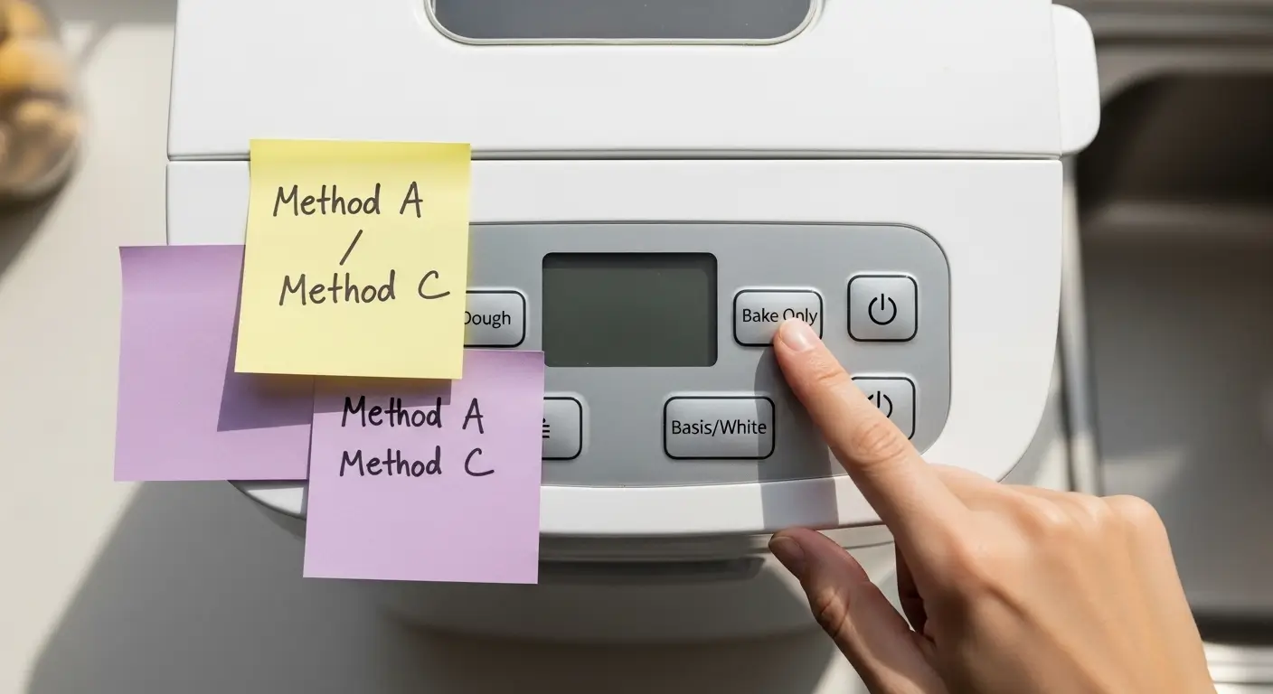 A hand selects the 'Bake Only' button on a white bread machine, flanked by yellow and purple sticky notes for custom baking methods. Bright natural light highlights the smooth plastic and handwritten notes in a tidy kitchen.