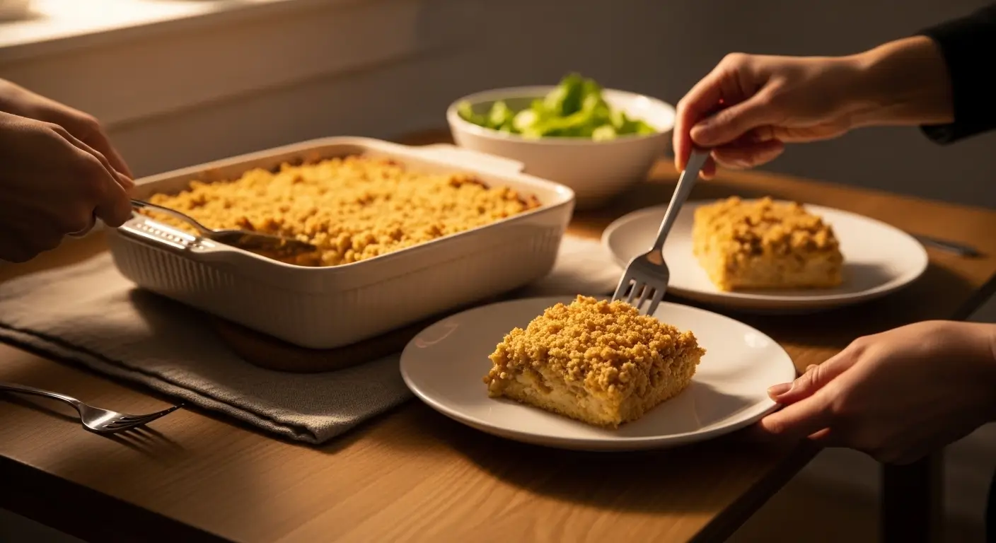 Golden-brown homemade apple crumble with a buttery streusel topping is served onto white ceramic plates. This cozy dinner scene on a wooden table is bathed in warm, soft lighting, highlighting the rich, crumbly texture of the freshly baked dessert.