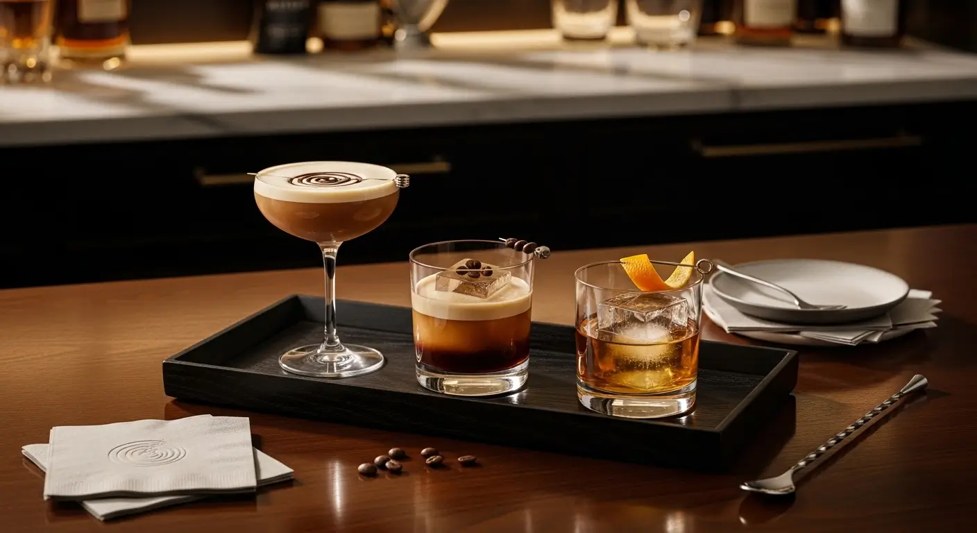 An elegant trio of craft cocktails featuring a creamy espresso martini and amber whiskey drinks resting on a black wooden tray. Warm, dramatic lighting highlights the smooth textures and garnishes like orange peel and coffee beans in a sophisticated bar setting.