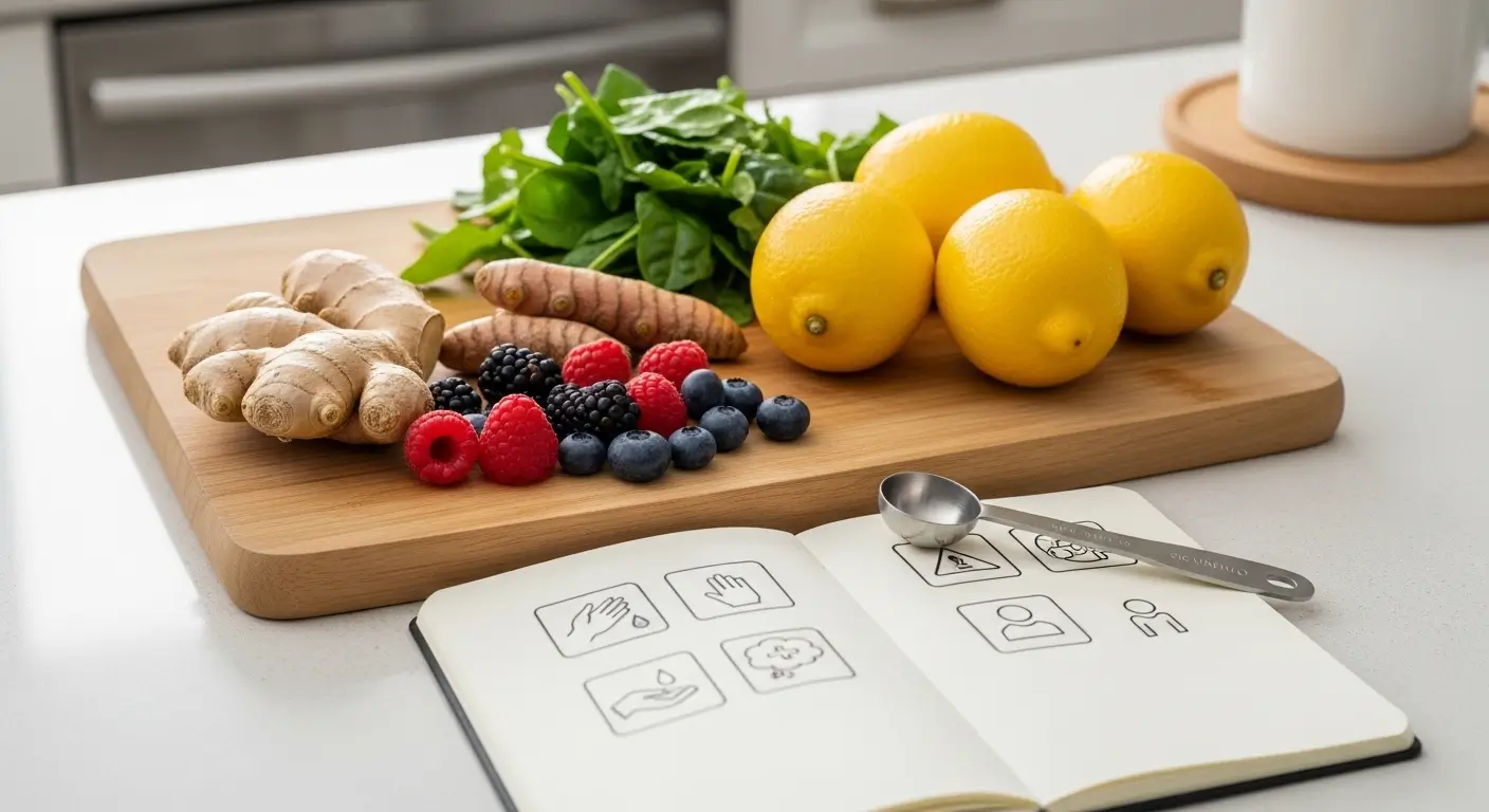 Fresh anti-inflammatory ingredients, including knobby ginger, turmeric root, and vibrant lemons, are arranged on a bamboo cutting board with leafy spinach and mixed berries. A hand-drawn recipe journal and measuring spoon sit nearby on a bright, clean kitchen counter under soft, natural light.