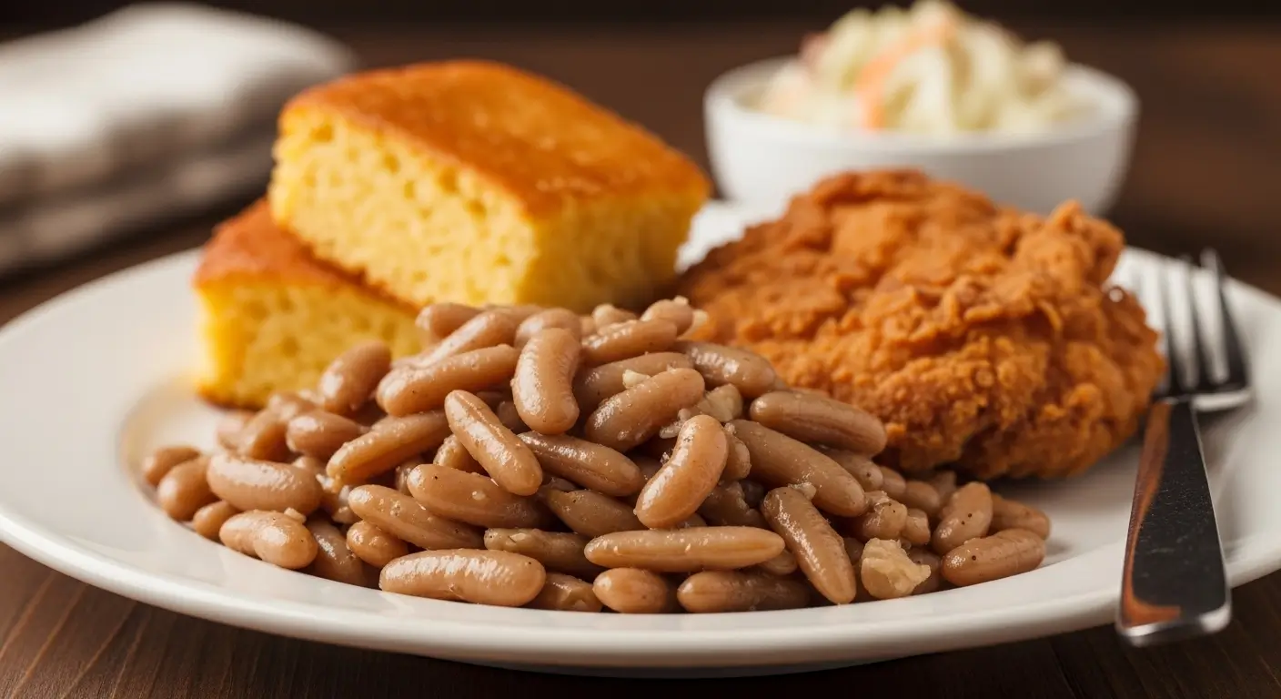Glossy pinto beans anchor this Southern comfort food meal, paired with crumbly golden cornbread and crispy fried chicken. Set on a white plate over a dark wooden table, the dish glows under warm lighting with a side of creamy coleslaw.