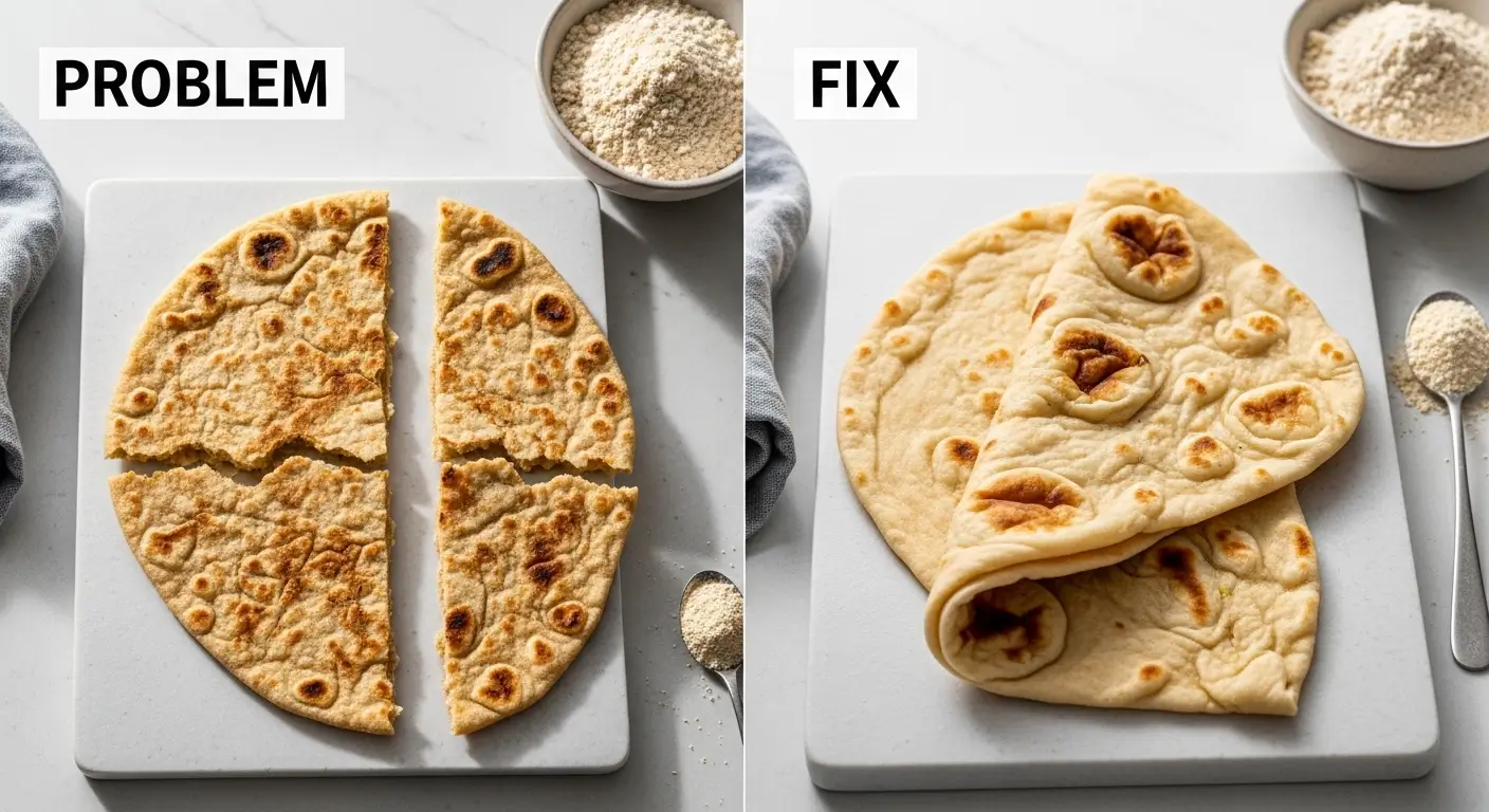 Brittle, cracked flatbread labeled "Problem" contrasts with soft, pliable homemade naan bread labeled "Fix" on white marble. The flexible dough features golden toasted spots and a fluffy texture under bright, natural light, surrounded by bowls of flour.