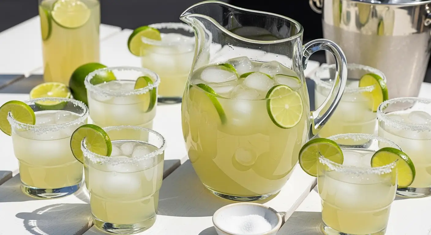A large glass pitcher of fresh lime margaritas filled with ice and citrus slices rests on a sun-drenched white table. Surrounding the pitcher are several salt-rimmed glasses, creating a refreshing summer cocktail display under bright, direct outdoor lighting.