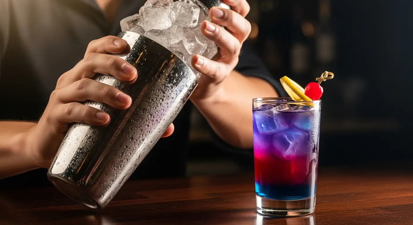 A professional bartender holds a condensation-covered stainless steel cocktail shaker filled with ice cubes next to a vibrant layered craft cocktail. The colorful drink glows in blue and magenta tones, garnished with a fresh lemon slice and cherry on a polished wooden bar.