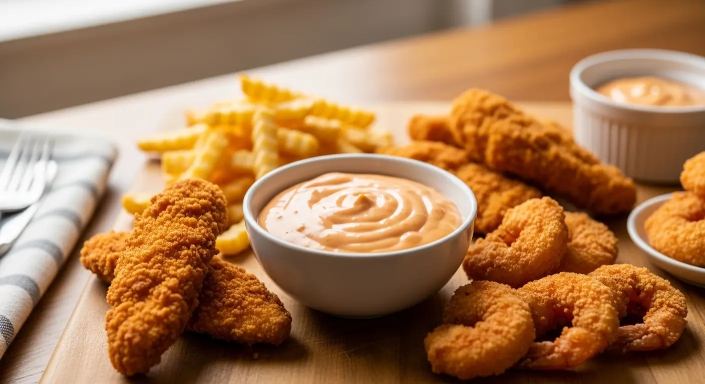 Golden crispy chicken tenders and breaded shrimp rest on a wooden board with crinkle-cut fries. A bowl of creamy dipping sauce sits under soft light, highlighting the crunchy textures and warm hues of this savory fried appetizer platter.
